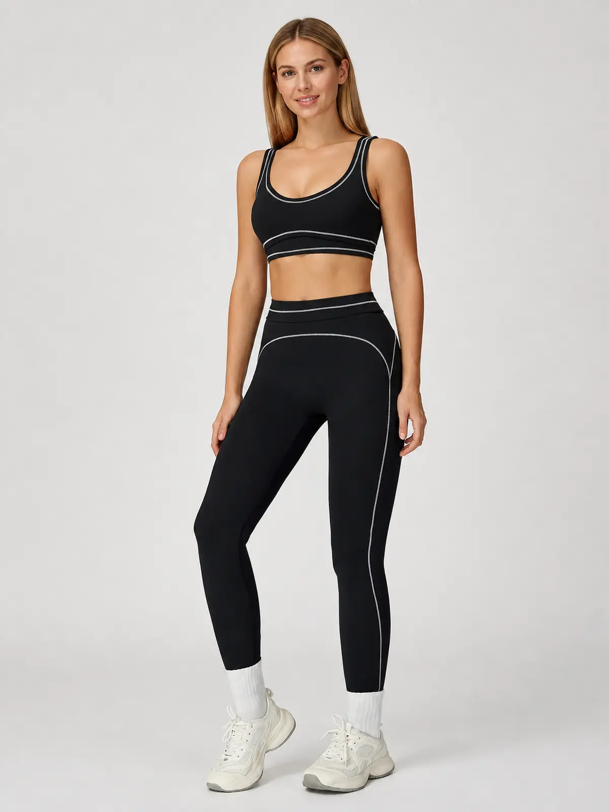 Contrast Rhythm Scoop-Neck Contrast-Trim Sports Bra — black with white contrast stitching — general — authoritative variation match