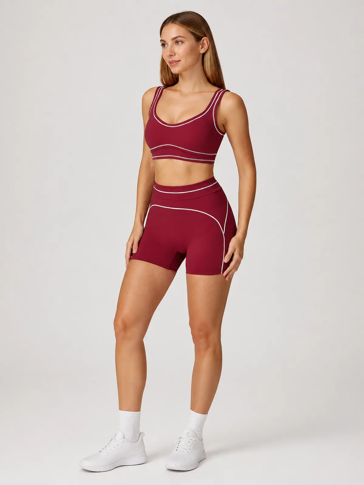 Contrast Rhythm Scoop-Neck Contrast-Trim Sports Bra — burgundy red with pale pink contrast piping — general — authoritative variation match