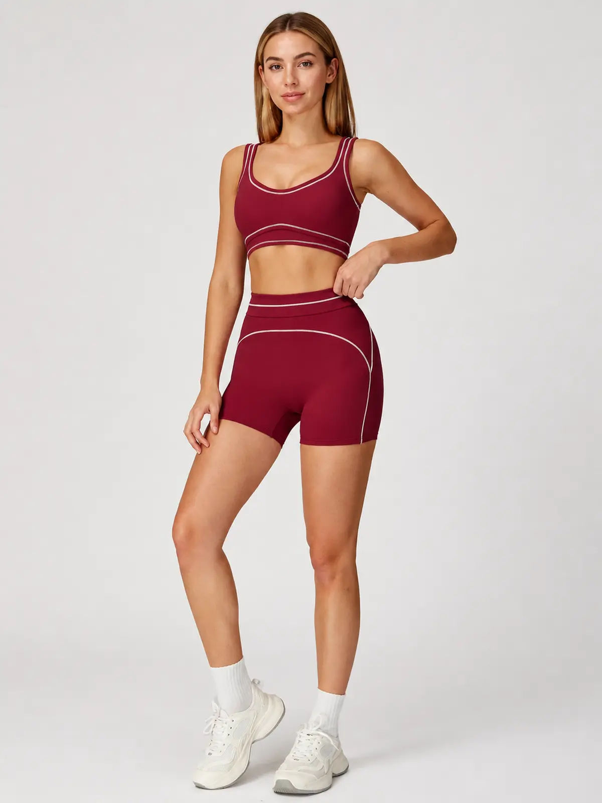 Contrast Rhythm Scoop-Neck Contrast-Trim Sports Bra — burgundy red with pale pink contrast piping — general — authoritative variation match