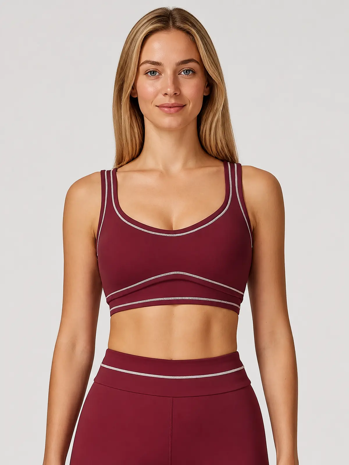 Contrast Rhythm Scoop-Neck Contrast-Trim Sports Bra — burgundy red with pale pink contrast piping — sports-bra — authoritative variation image