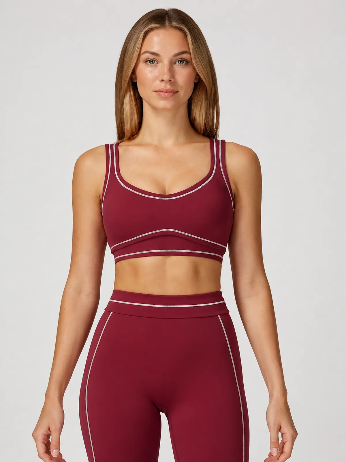 Contrast Rhythm Scoop-Neck Contrast-Trim Sports Bra — burgundy red with pale pink contrast piping — sports-bra — authoritative variation match