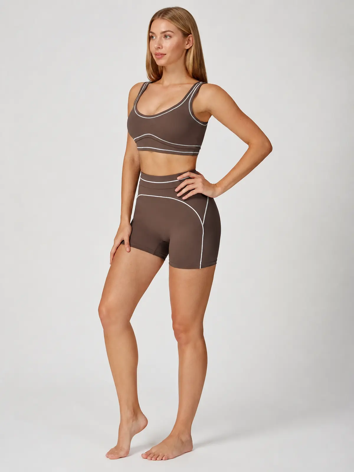 Contrast Rhythm Scoop-Neck Contrast-Trim Sports Bra — dark chocolate brown with light gray contrast piping — general — authoritative variation match