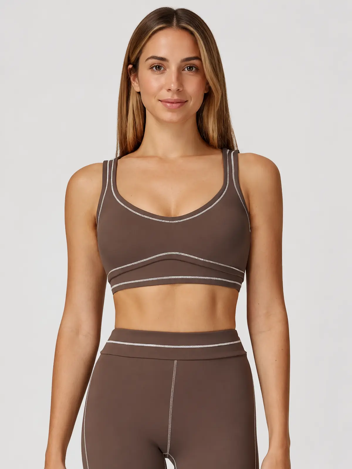 Contrast Rhythm Scoop-Neck Contrast-Trim Sports Bra — dark chocolate brown with light gray contrast piping — sports-bra — authoritative variation match