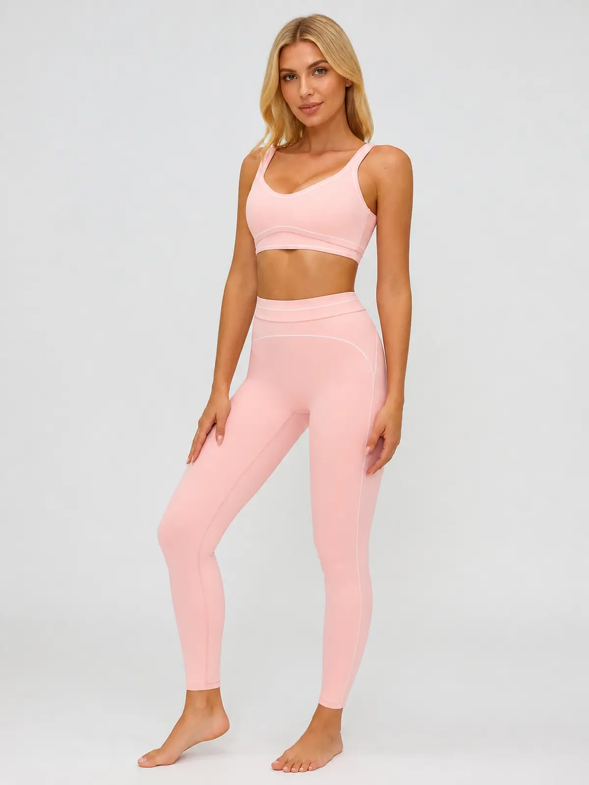 Contrast Rhythm Scoop-Neck Contrast-Trim Sports Bra — light peach pink — general — authoritative variation match
