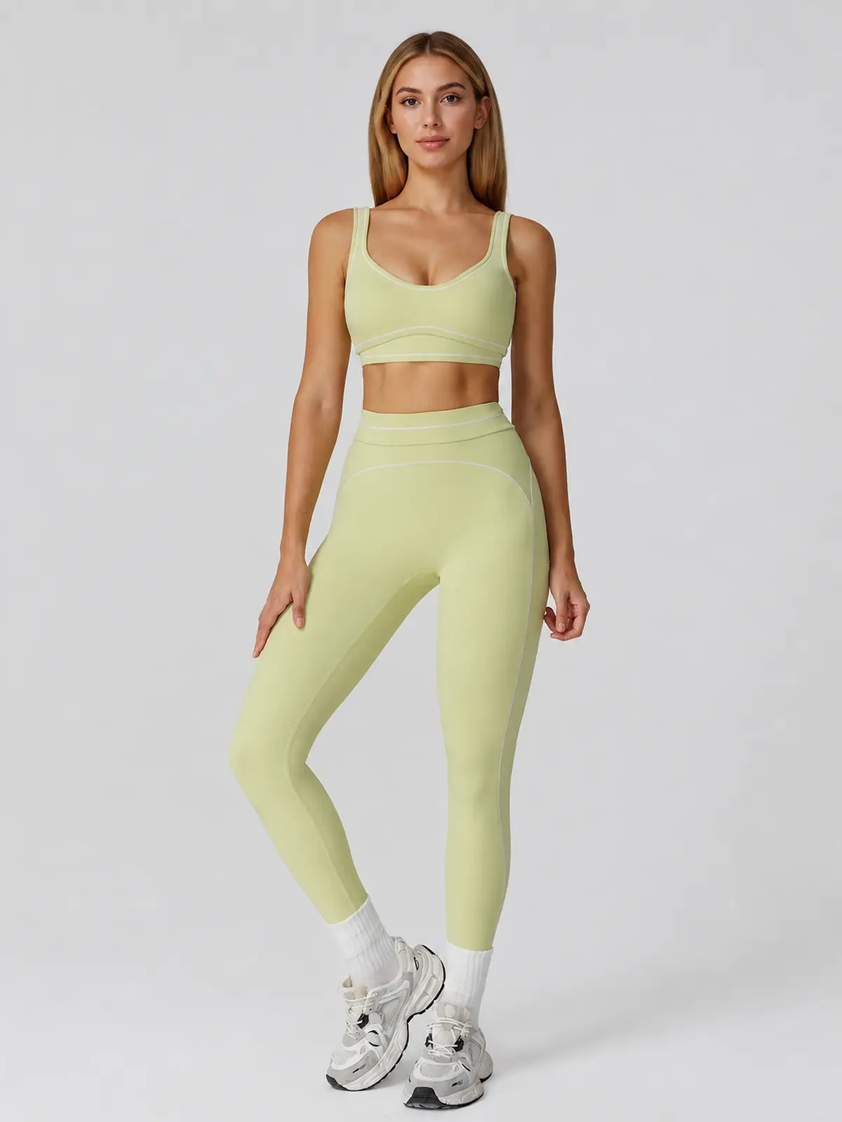 Contrast Rhythm Scoop-Neck Contrast-Trim Sports Bra — lime green — general — authoritative variation match