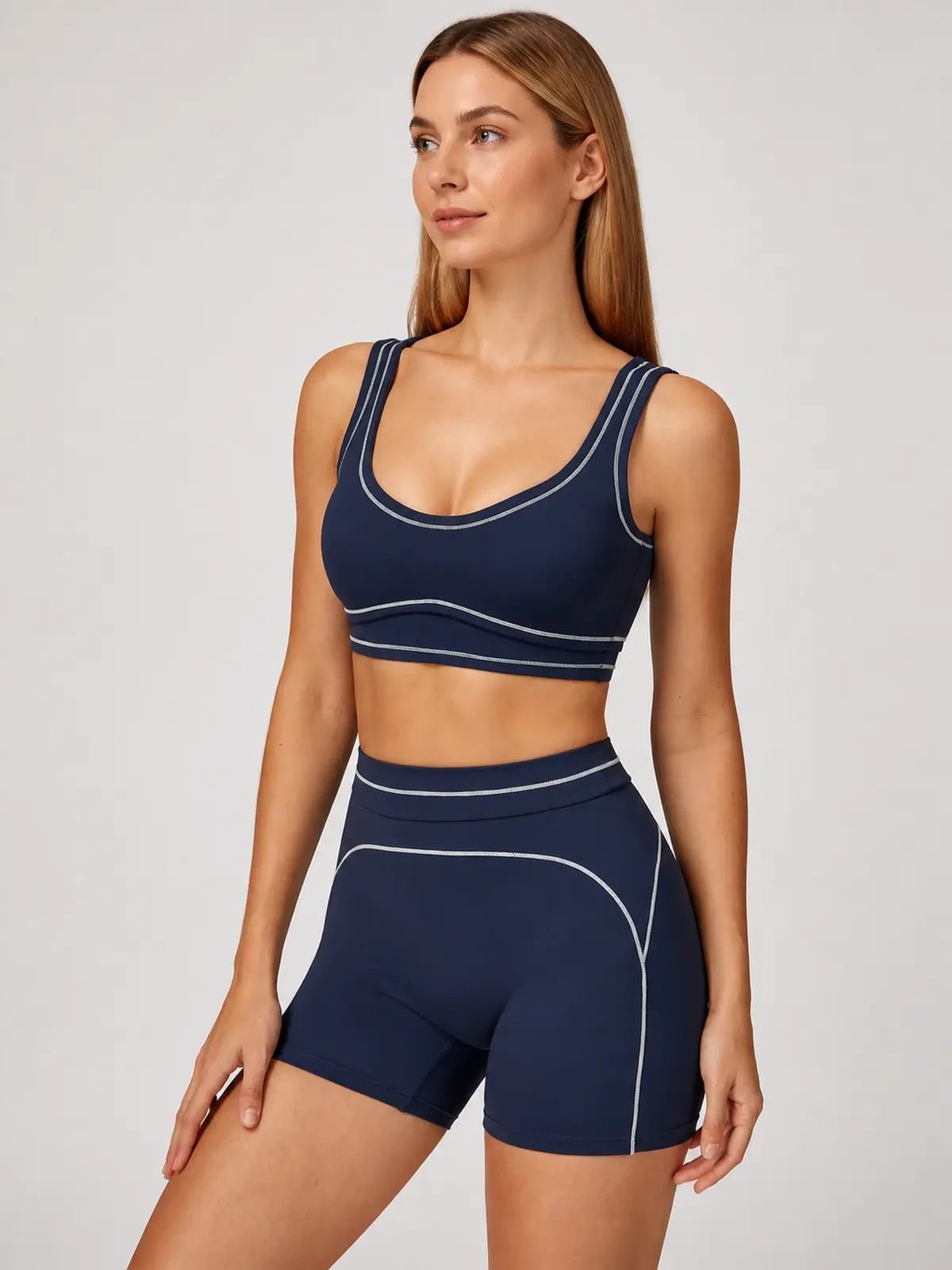 Contrast Rhythm Scoop-Neck Contrast-Trim Sports Bra — navy blue with white contrast trim — general — authoritative variation match