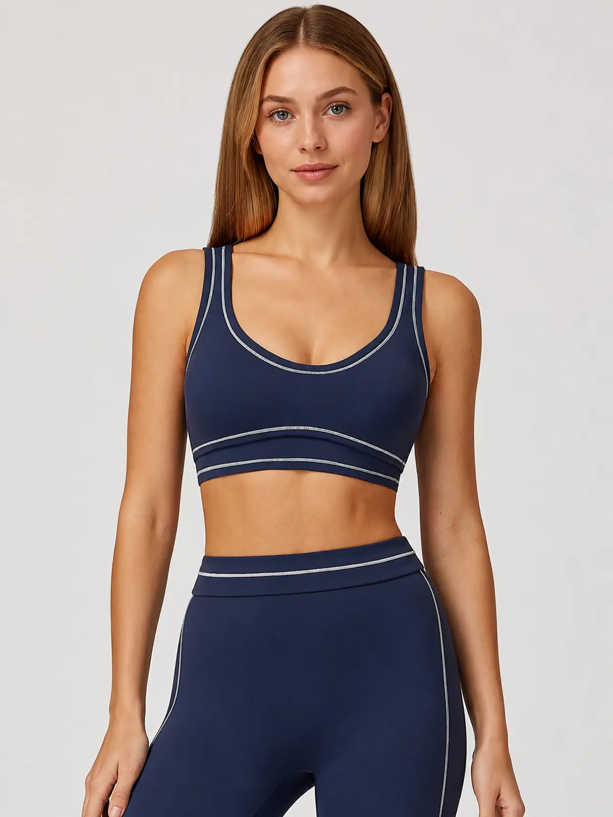 Contrast Rhythm Scoop-Neck Contrast-Trim Sports Bra — navy blue with white contrast trim — sports-bra — authoritative variation image