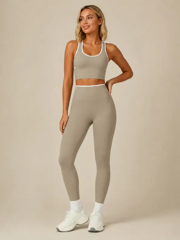 Copper Echo Sports Bra and Full-Length Leggings Set — light taupe beige with white contrast trim — general — authoritative variation match