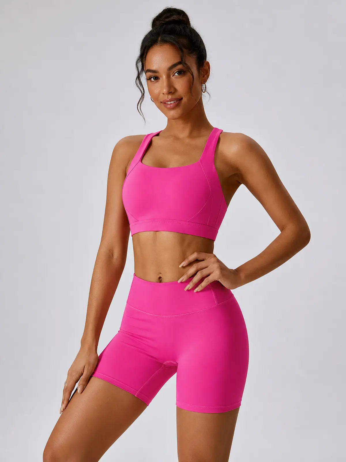 Cove Rhythm Sports Bra and Bike Shorts Set — bright magenta pink — general — authoritative variation match