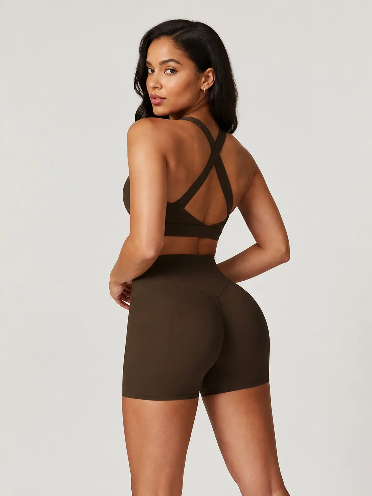 Cove Rhythm Sports Bra and Bike Shorts Set — dark brown — general — authoritative variation match