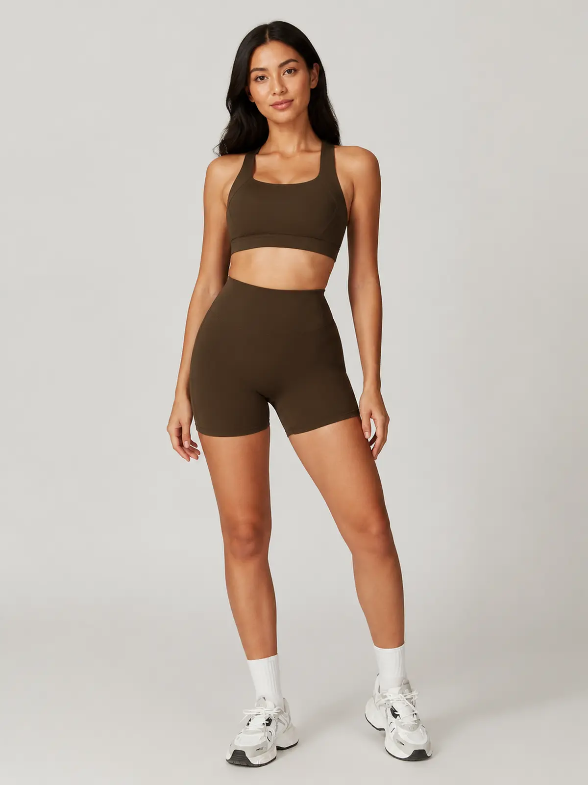 Cove Rhythm Sports Bra and Bike Shorts Set — dark brown — general — authoritative variation match