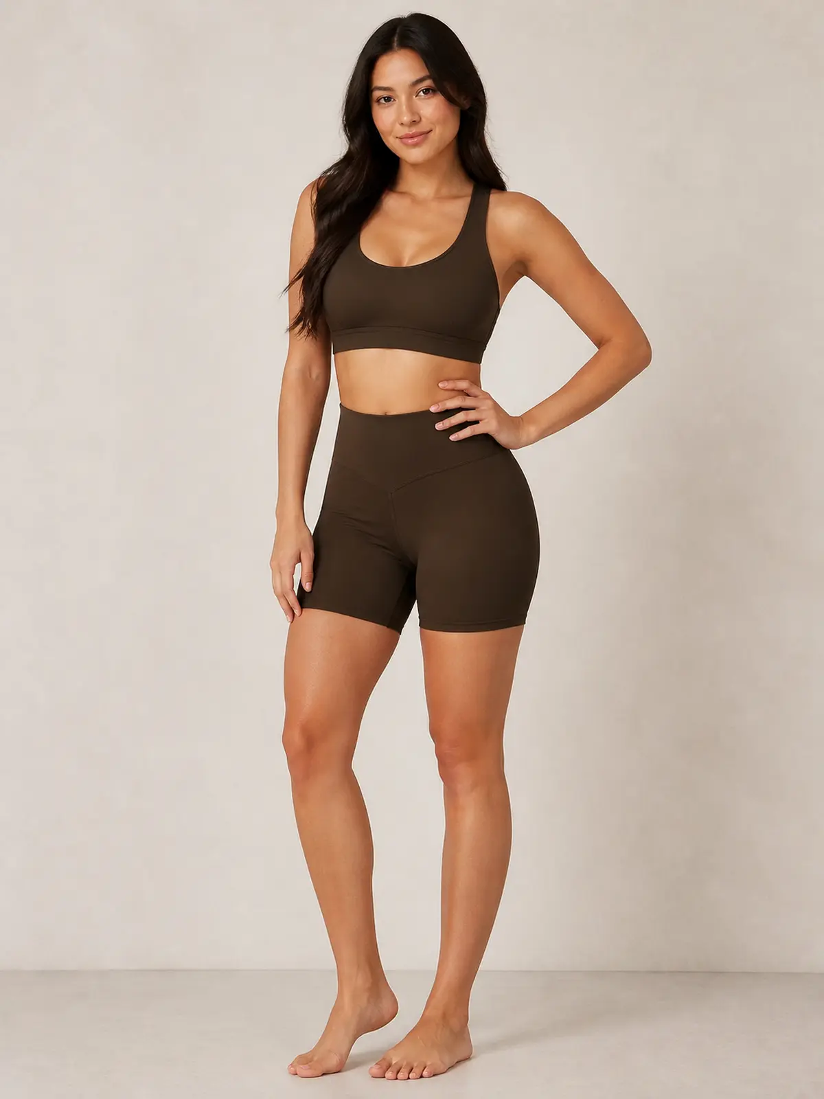 Cove Rhythm Sports Bra and Bike Shorts Set — dark brown — general — authoritative variation match