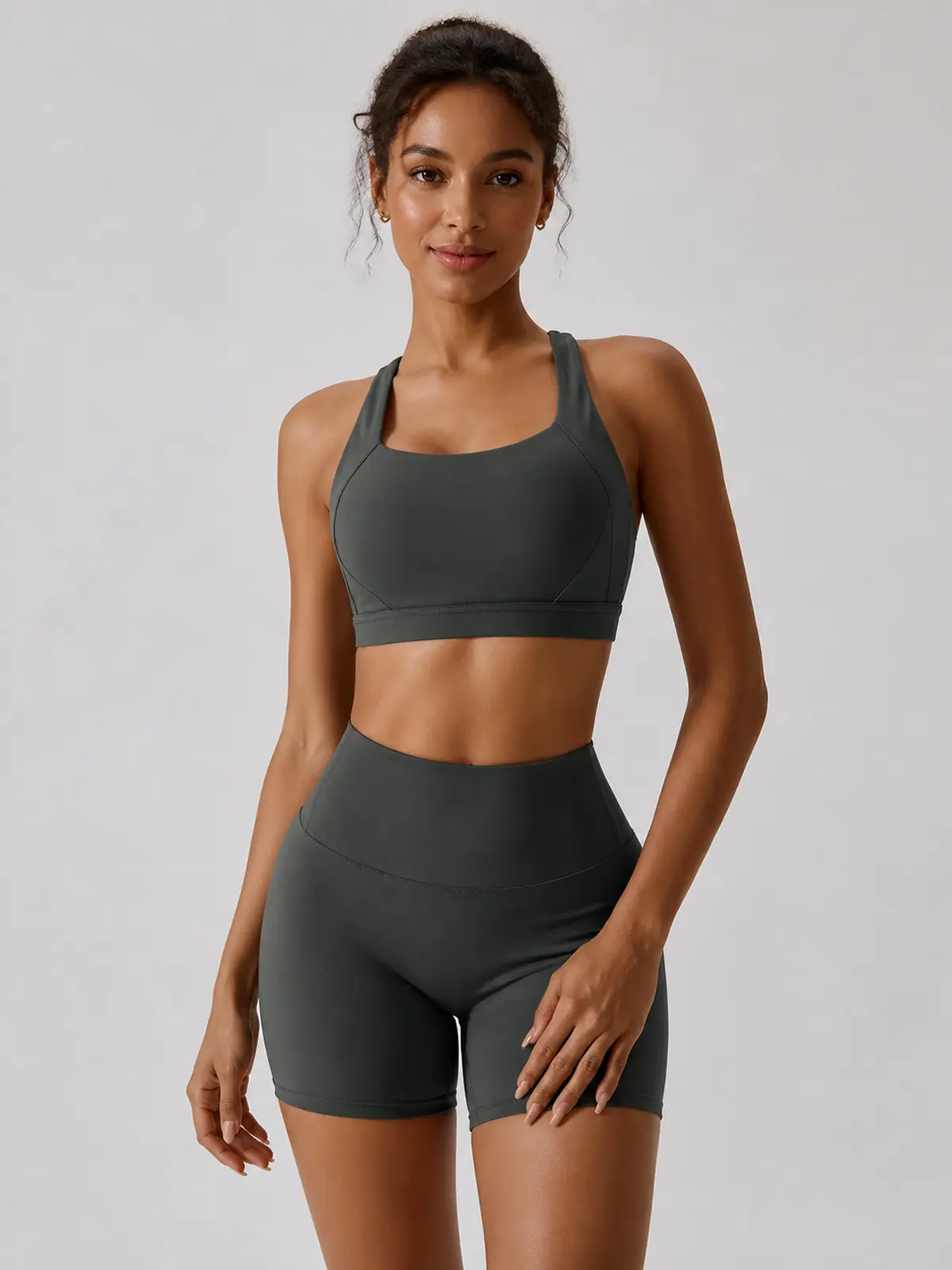Cove Rhythm Sports Bra and Bike Shorts Set — dark charcoal gray — general — authoritative variation match