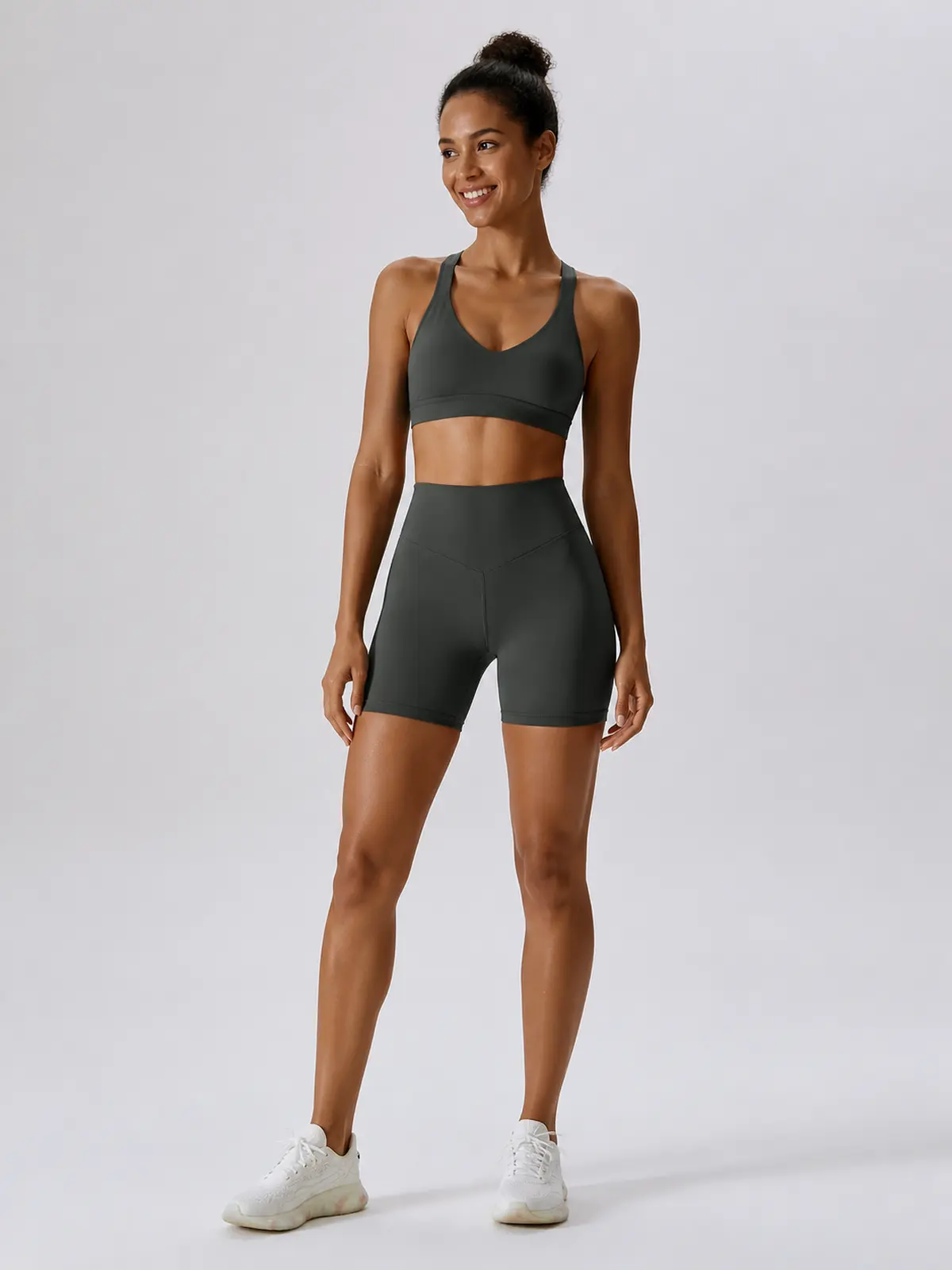 Cove Rhythm Sports Bra and Bike Shorts Set — dark charcoal gray — general — authoritative variation match