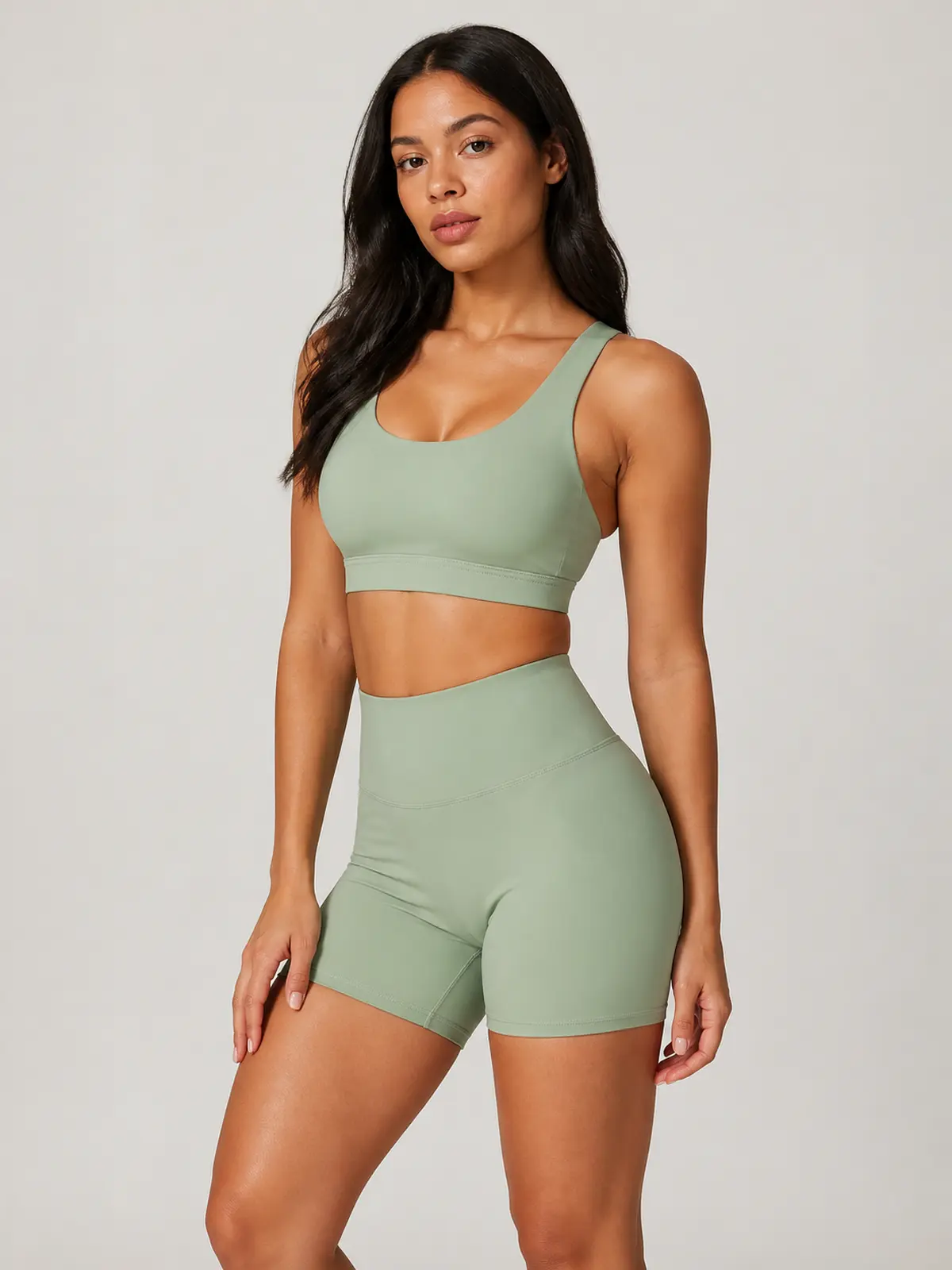 Cove Rhythm Sports Bra and Bike Shorts Set — sage green — general — authoritative variation match