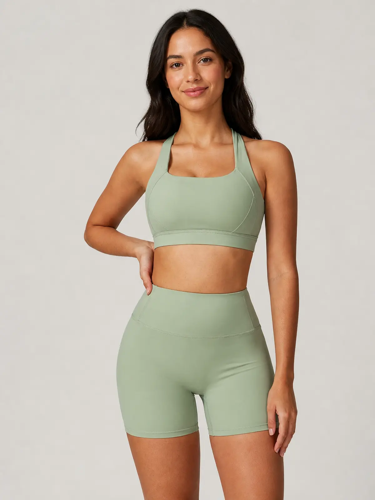 Cove Rhythm Sports Bra and Bike Shorts Set — sage green — general — authoritative variation match
