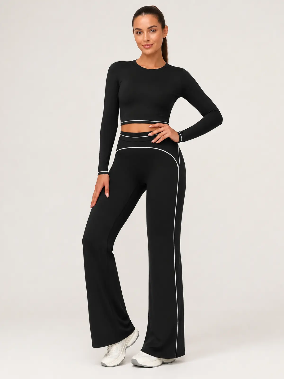 Crescent Thread High-Rise Flare Leggings — black — flare-leggings — authoritative variation match