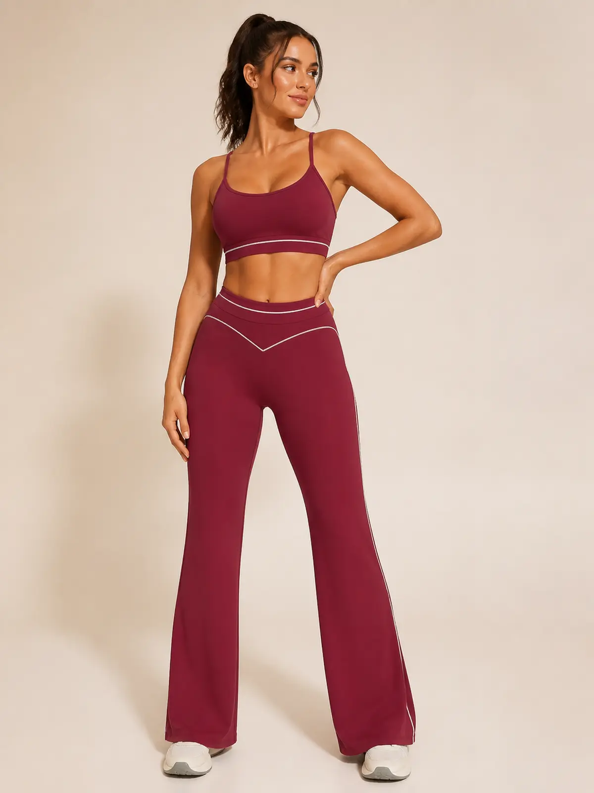 Crescent Thread High-Rise Flare Leggings — cherry red — flare-leggings — authoritative variation match
