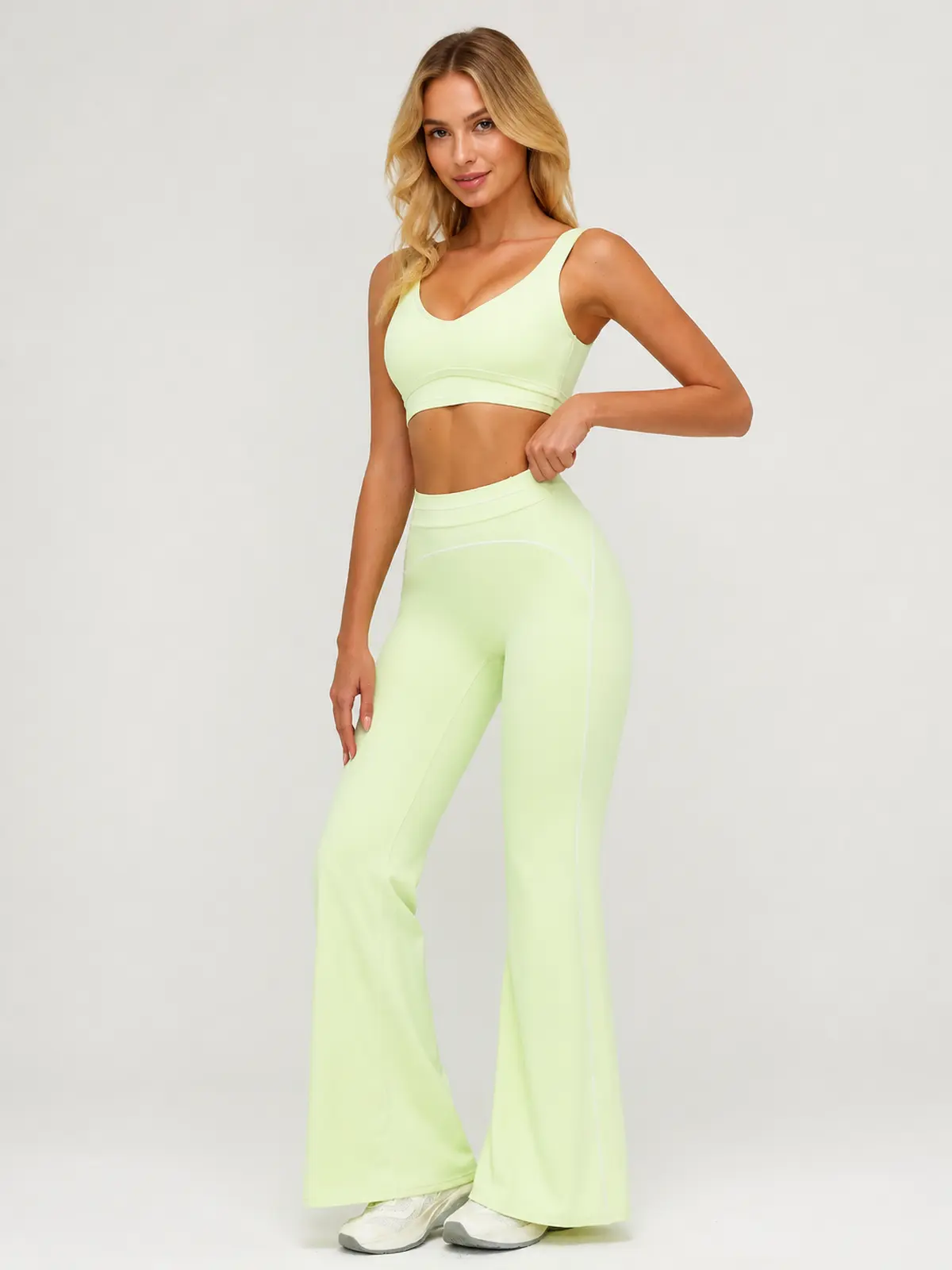 Crescent Thread High-Rise Flare Leggings — lemon green — flare-leggings — authoritative variation match