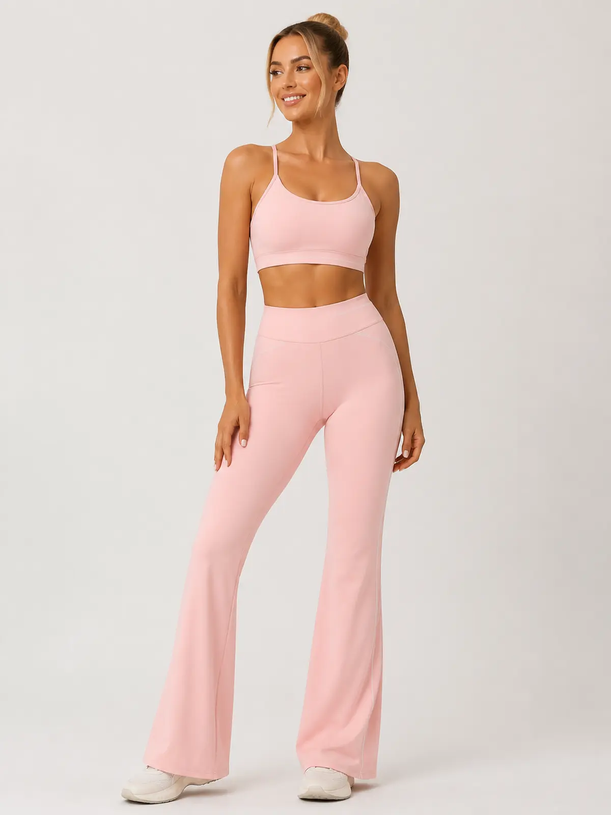 Crescent Thread High-Rise Flare Leggings — peach pink — flare-leggings — authoritative variation match