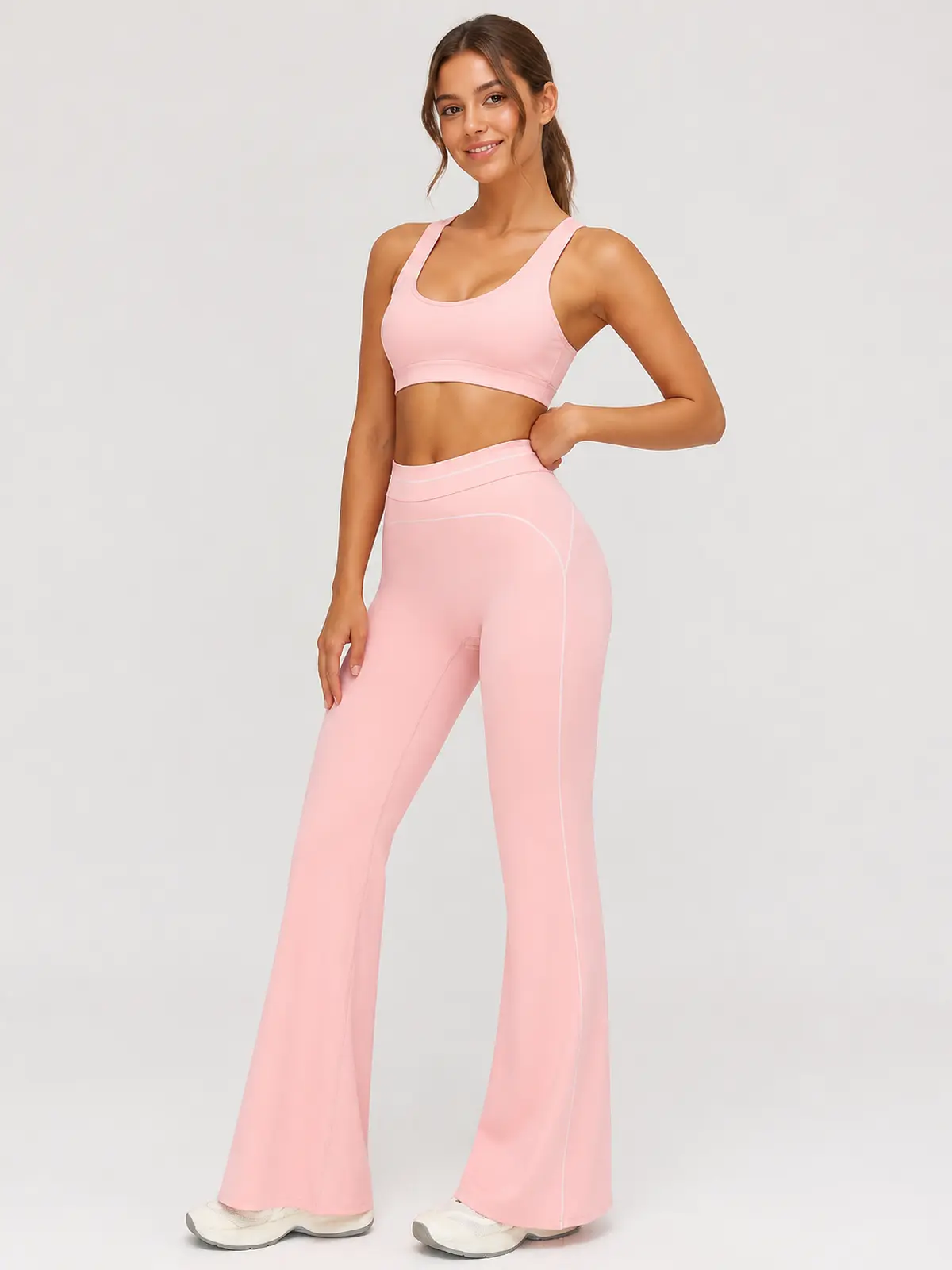 Crescent Thread High-Rise Flare Leggings — peach pink — flare-leggings — authoritative variation match