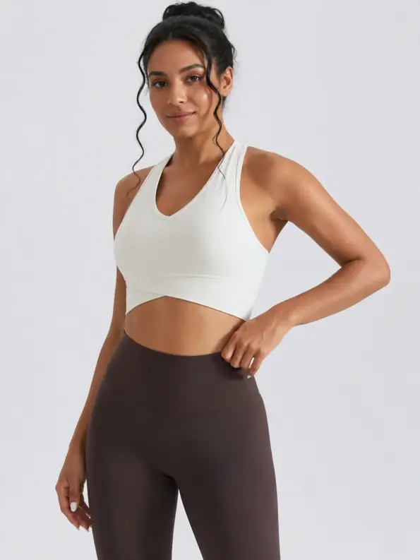 Crossover Vale V-Neck Longline Sports Bra — cream white — sports-bra — authoritative variation match