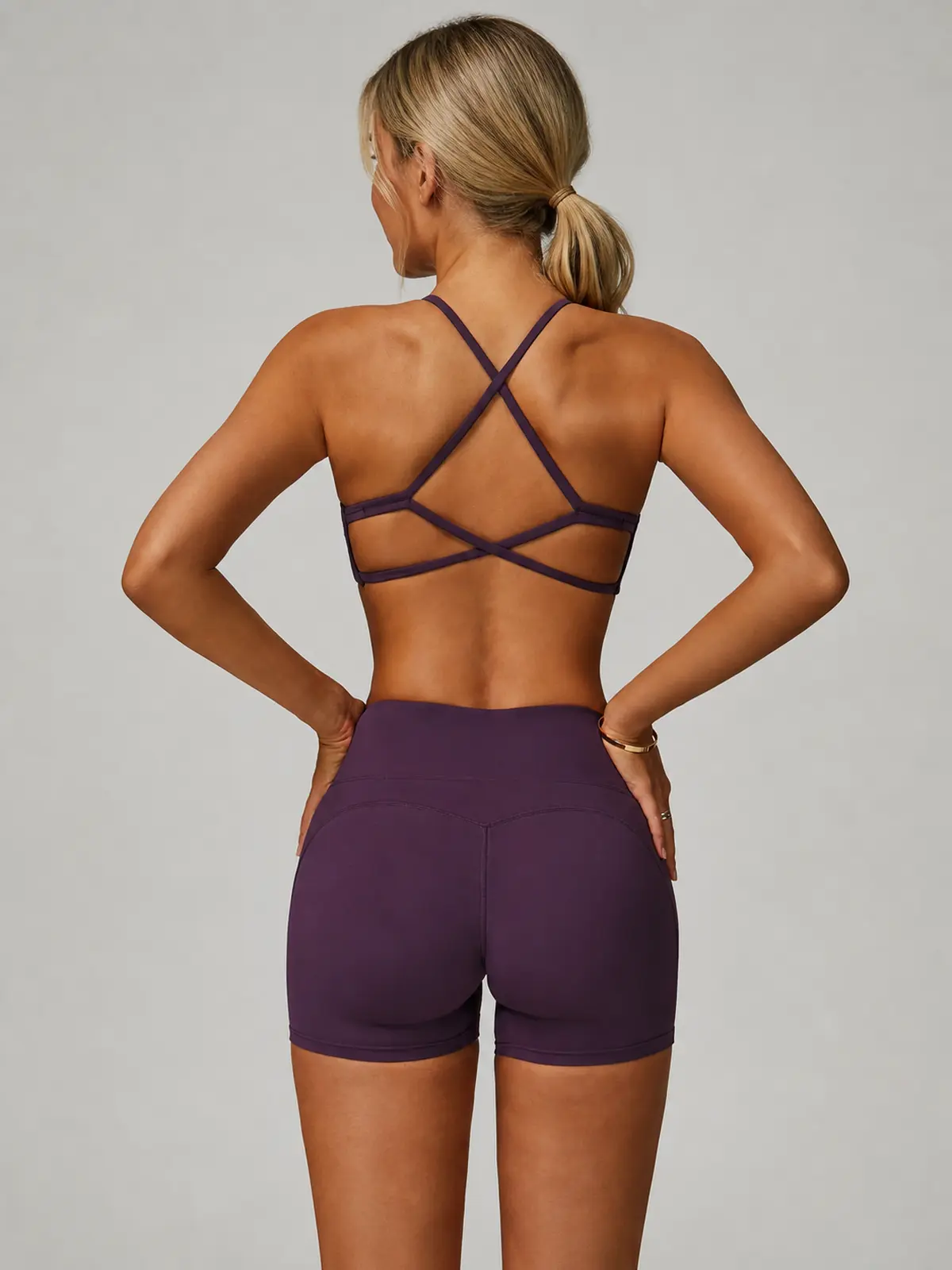 Current Crossback Scoop-Neck Sports Bra — daisy purple — top-shorts-set — authoritative variation match