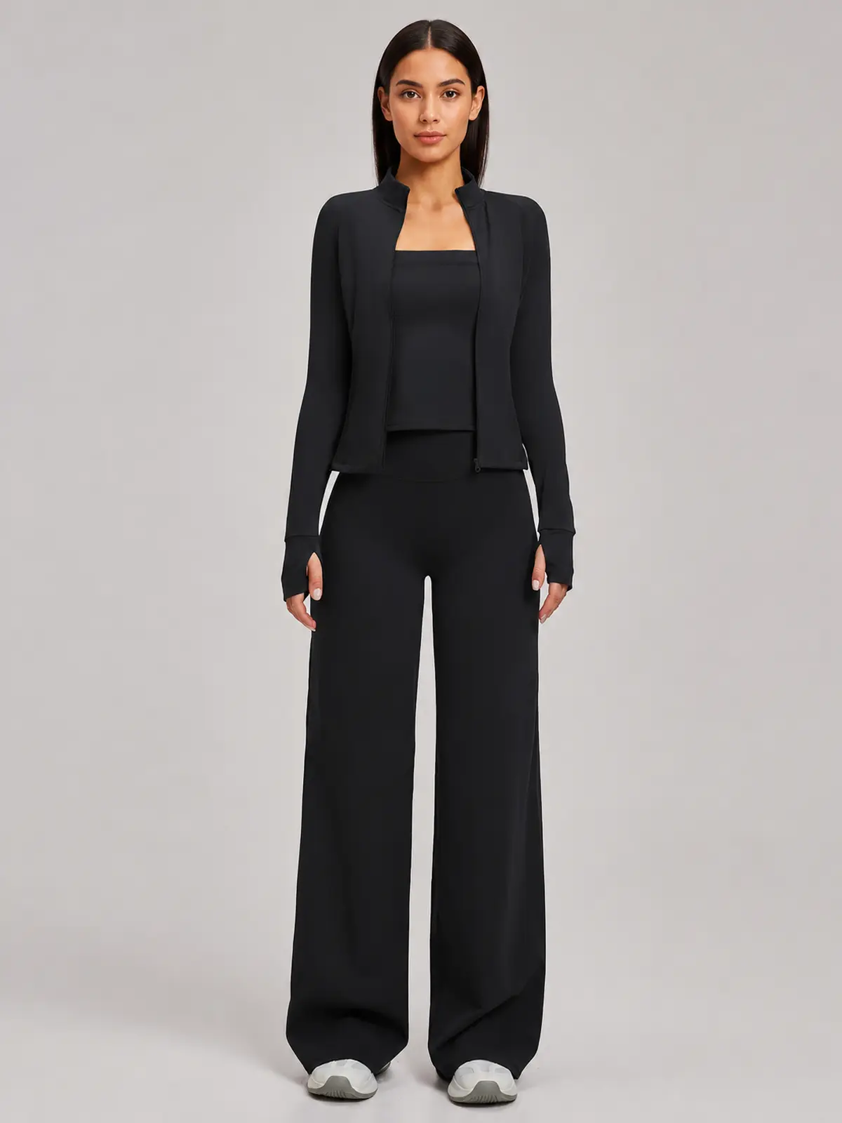 Cypress Atelier Zip-Front Jacket, Square-Neck Tank Top and Wide-Leg Pants Set — black — general — authoritative variation image