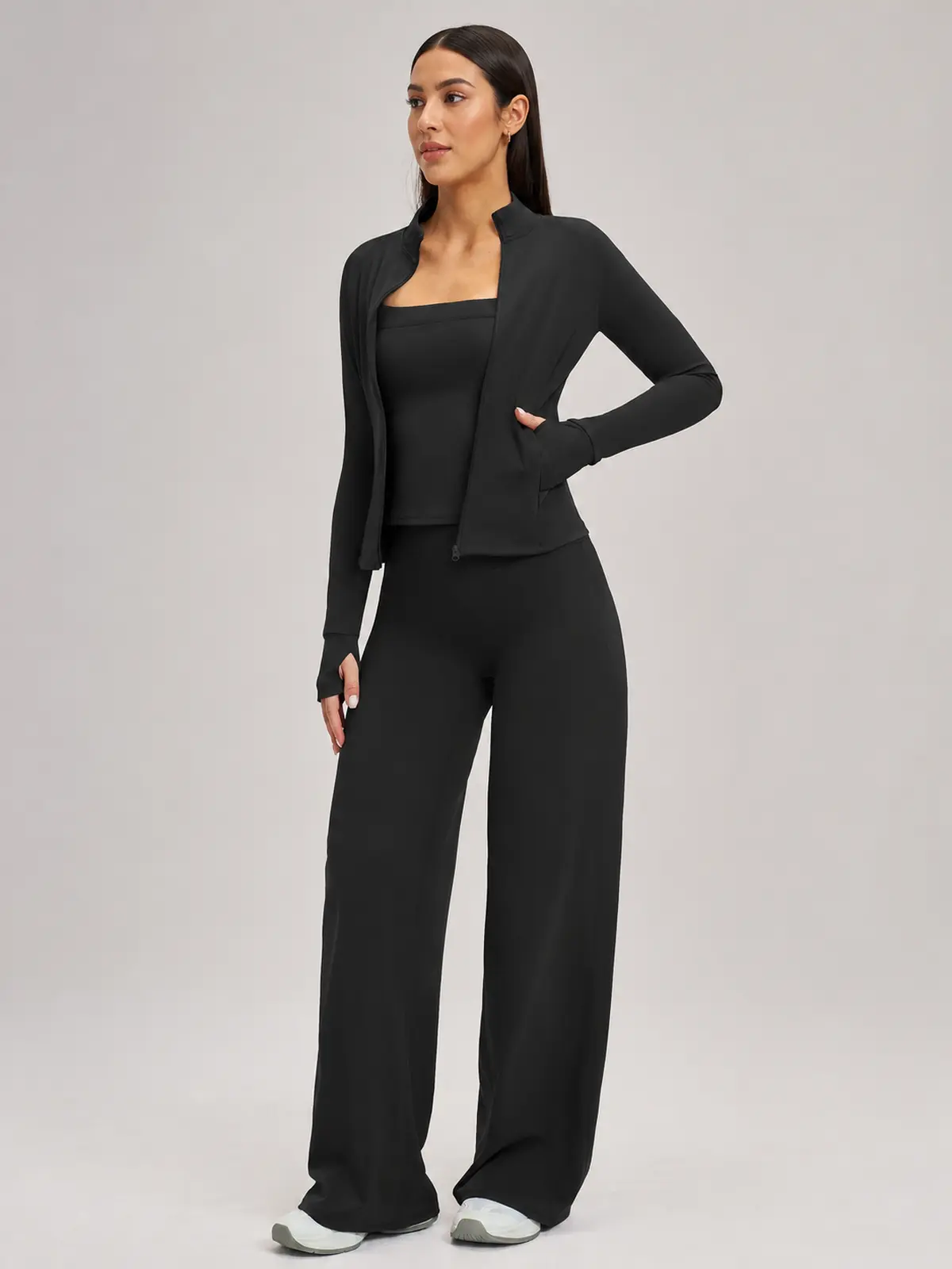 Cypress Atelier Zip-Front Jacket, Square-Neck Tank Top and Wide-Leg Pants Set — black — general — authoritative variation match