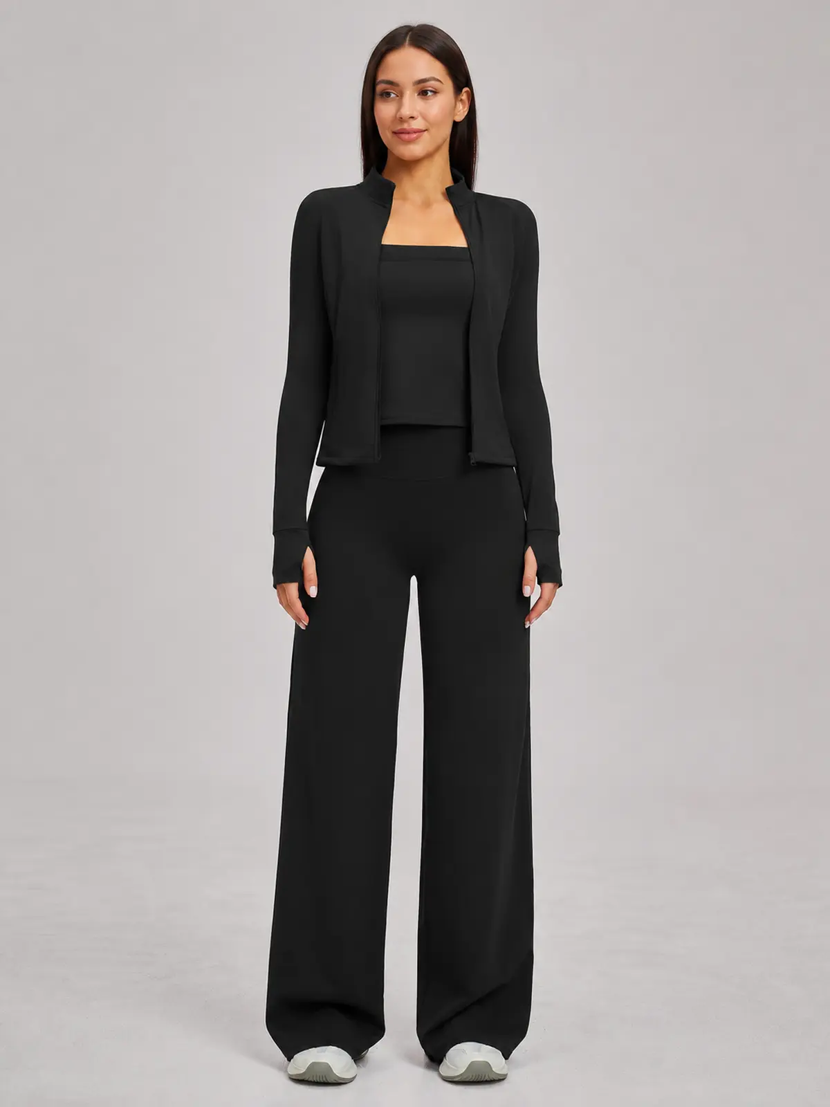 Cypress Atelier Zip-Front Jacket, Square-Neck Tank Top and Wide-Leg Pants Set — black — general — authoritative variation match