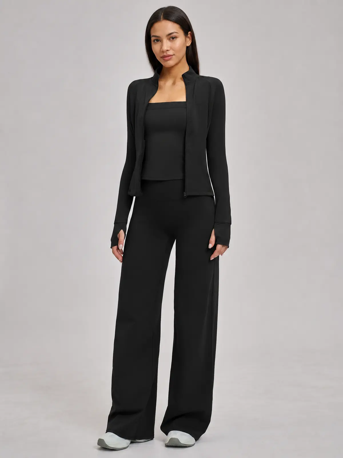 Cypress Atelier Zip-Front Jacket, Square-Neck Tank Top and Wide-Leg Pants Set — black — general — authoritative variation match