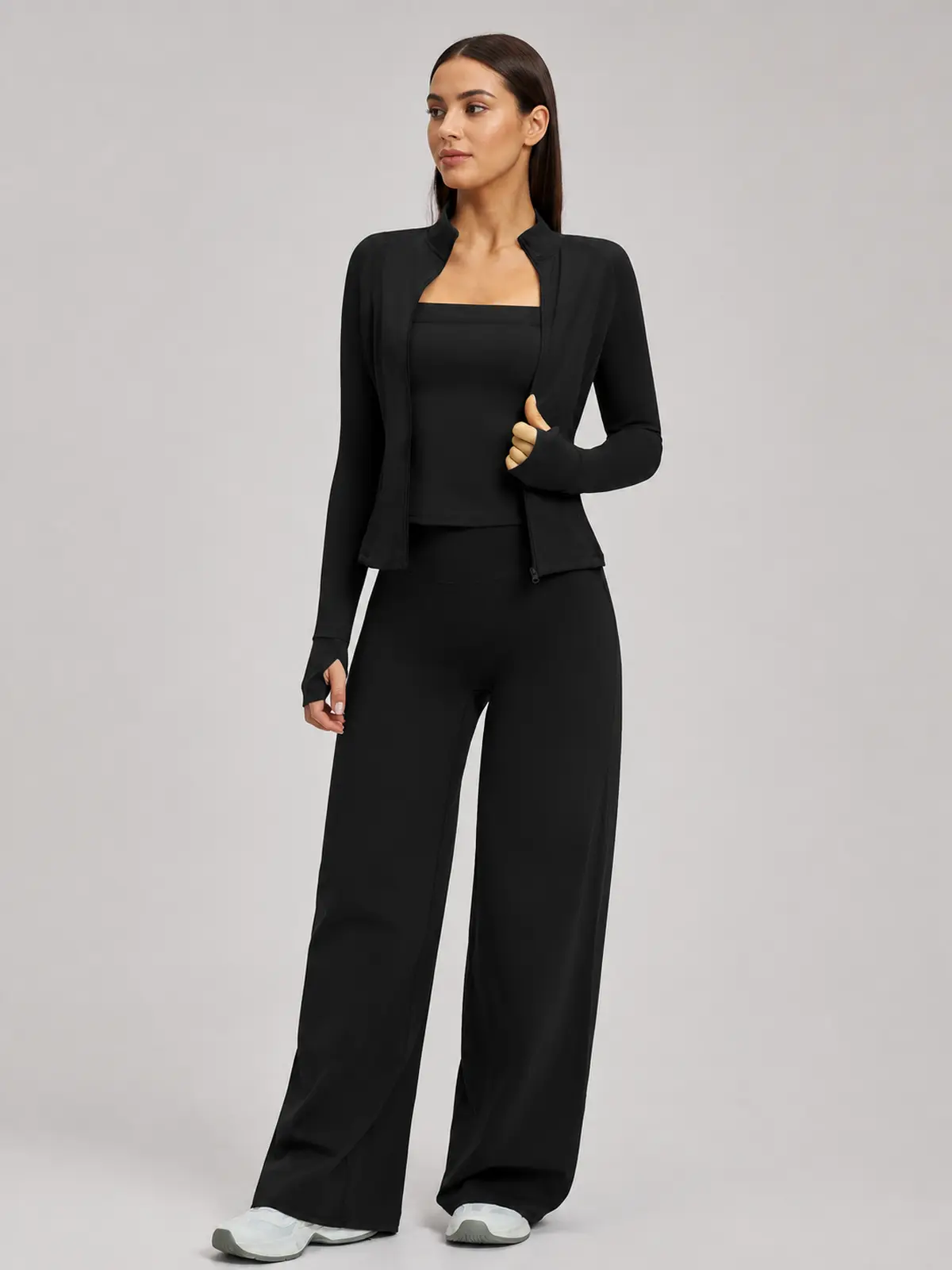 Cypress Atelier Zip-Front Jacket, Square-Neck Tank Top and Wide-Leg Pants Set — black — general — authoritative variation match