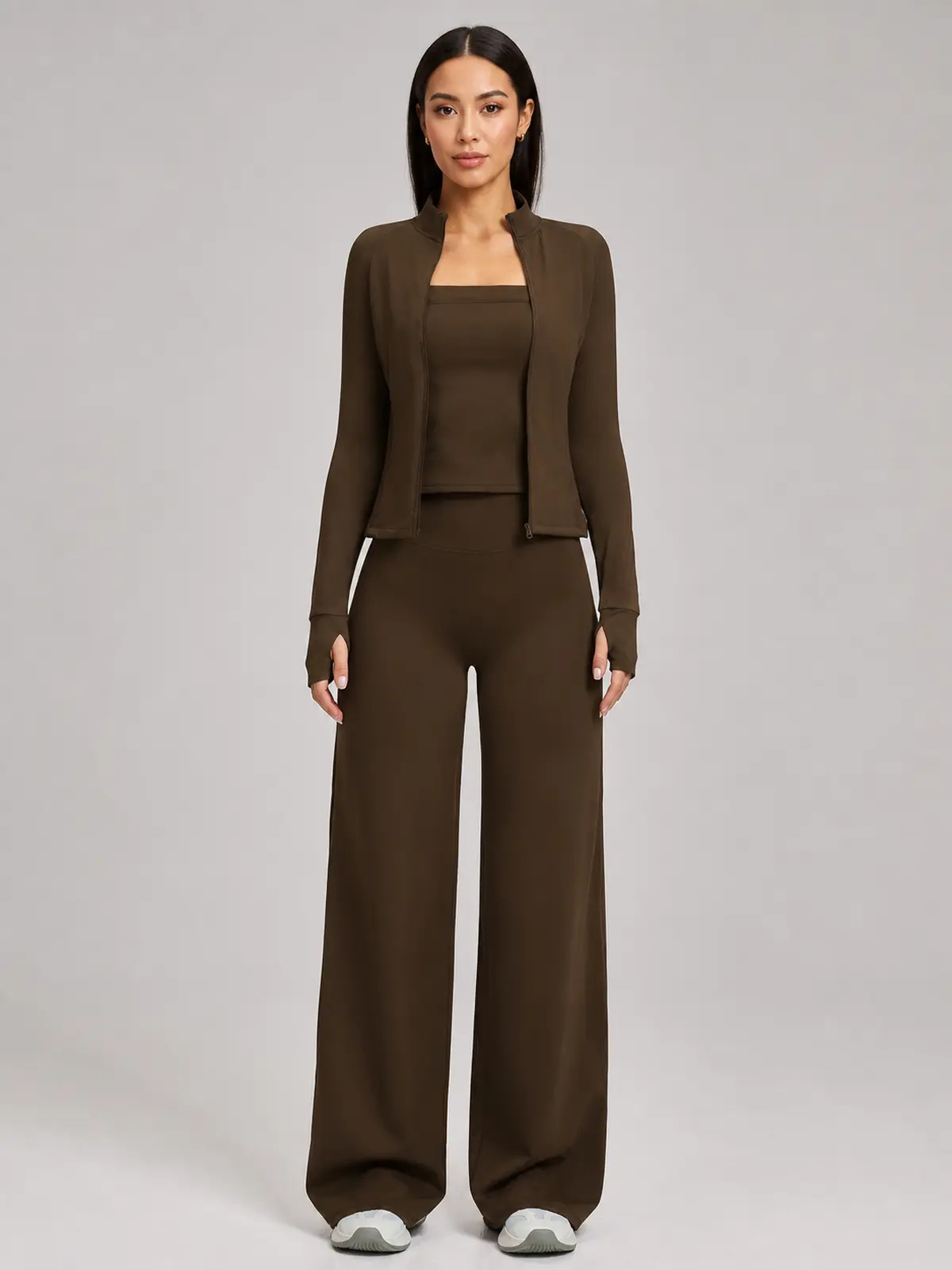 Cypress Atelier Zip-Front Jacket, Square-Neck Tank Top and Wide-Leg Pants Set — dark coffee brown — general — authoritative variation image