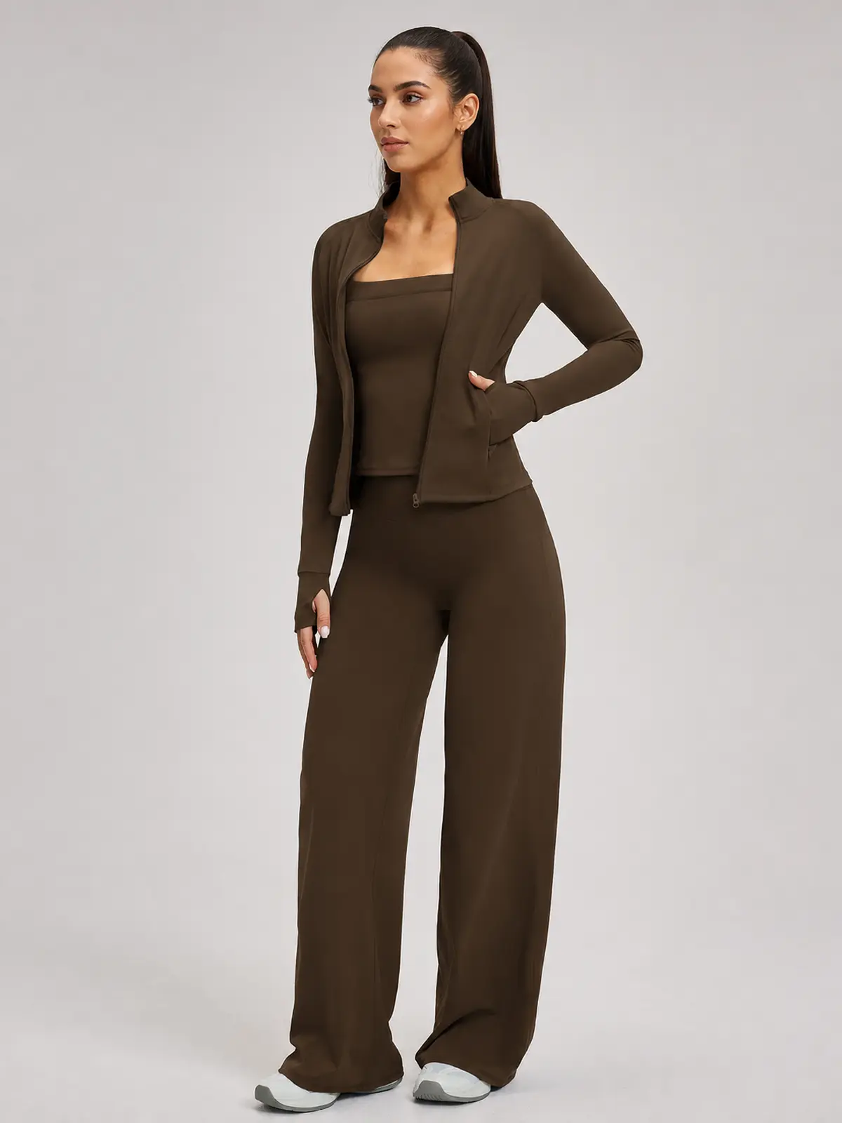 Cypress Atelier Zip-Front Jacket, Square-Neck Tank Top and Wide-Leg Pants Set — dark coffee brown — general — authoritative variation match