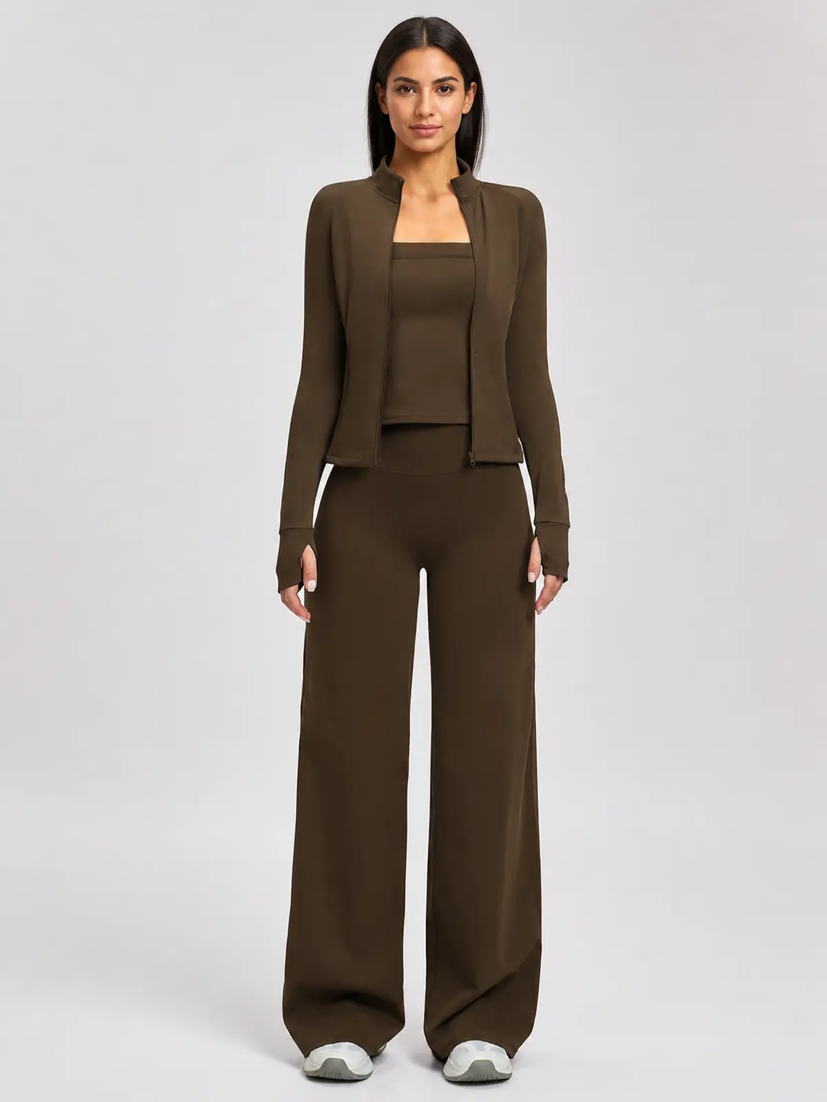 Cypress Atelier Zip-Front Jacket, Square-Neck Tank Top and Wide-Leg Pants Set — dark coffee brown — general — authoritative variation match