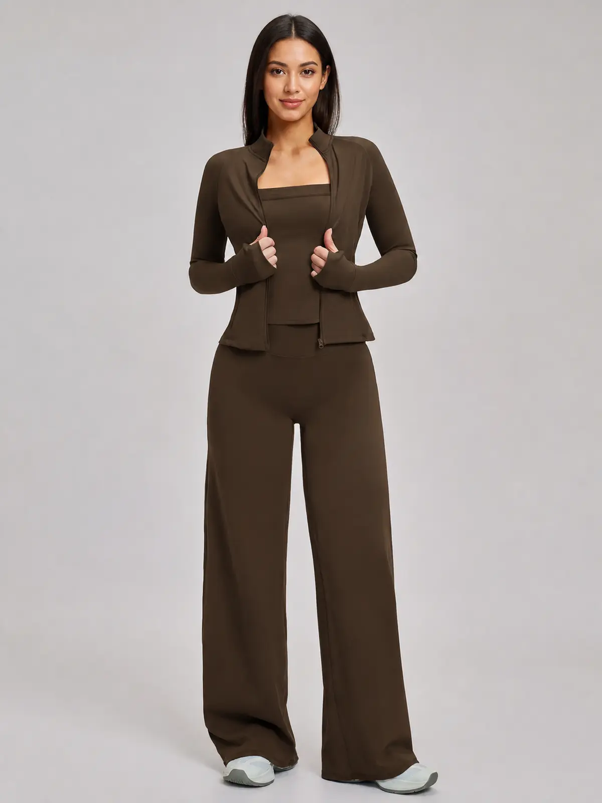 Cypress Atelier Zip-Front Jacket, Square-Neck Tank Top and Wide-Leg Pants Set — dark coffee brown — general — authoritative variation match