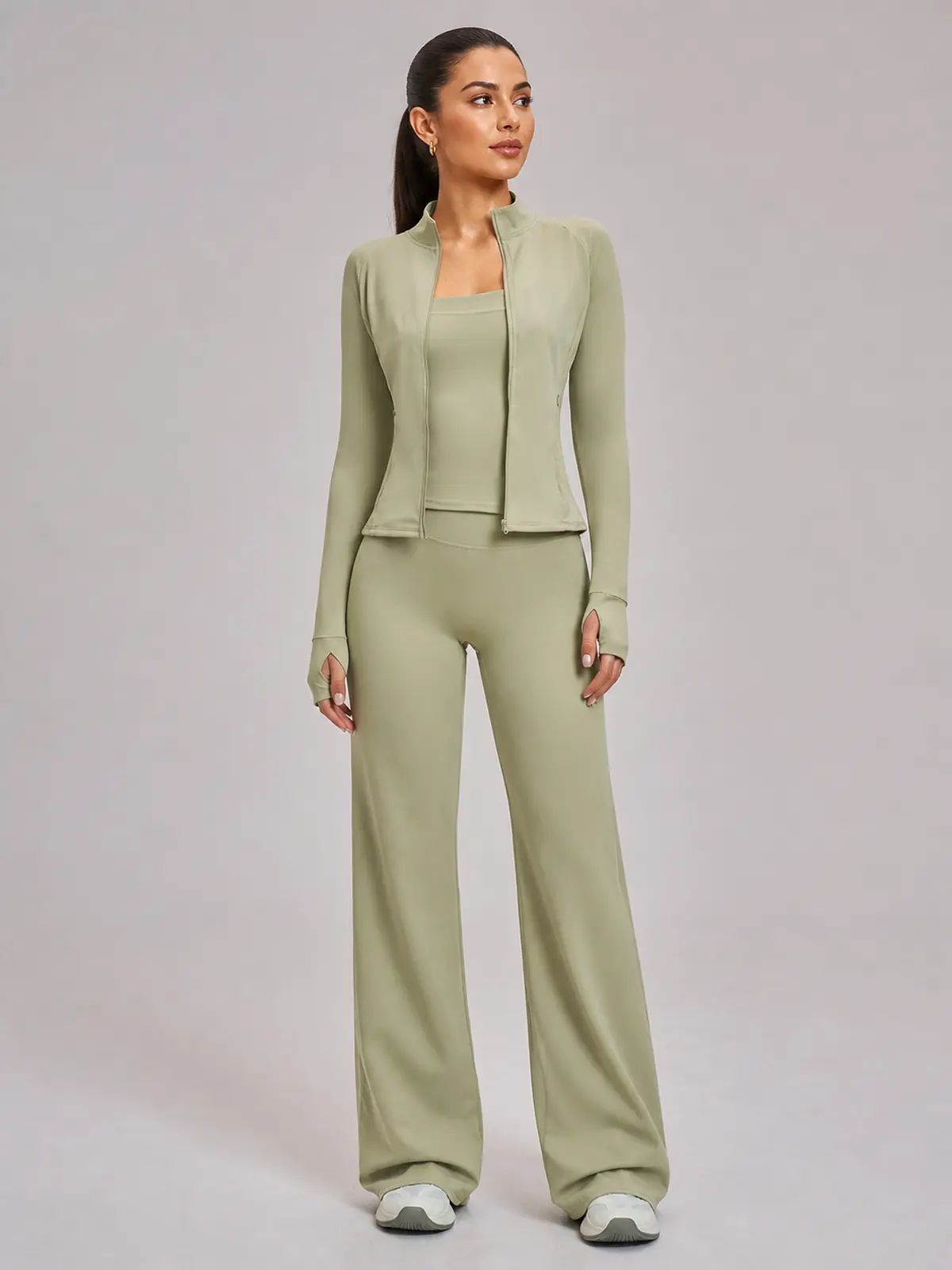 Cypress Atelier Zip-Front Jacket, Square-Neck Tank Top and Wide-Leg Pants Set — moss green — general — authoritative variation image