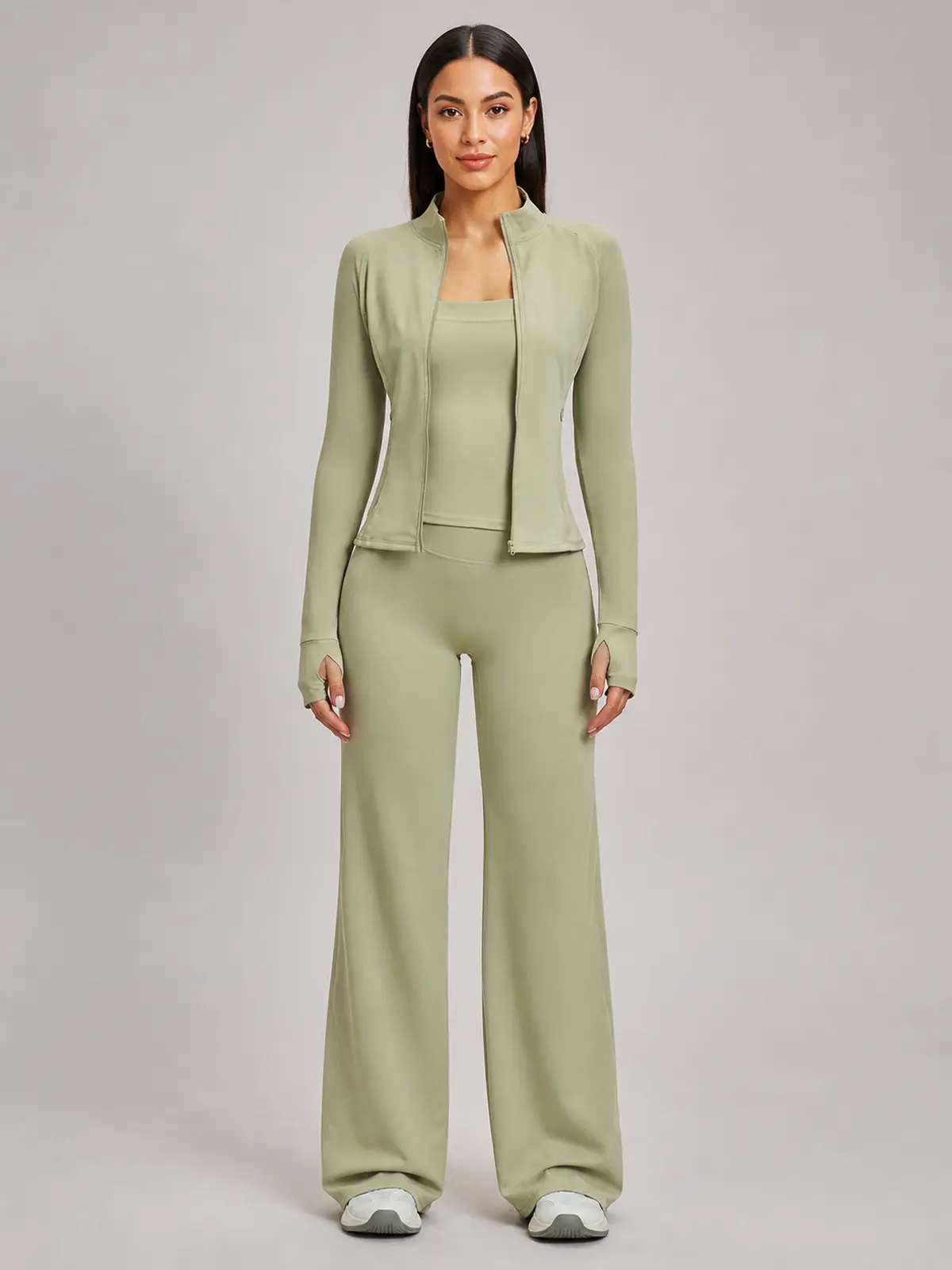 Cypress Atelier Zip-Front Jacket, Square-Neck Tank Top and Wide-Leg Pants Set — moss green — general — authoritative variation match