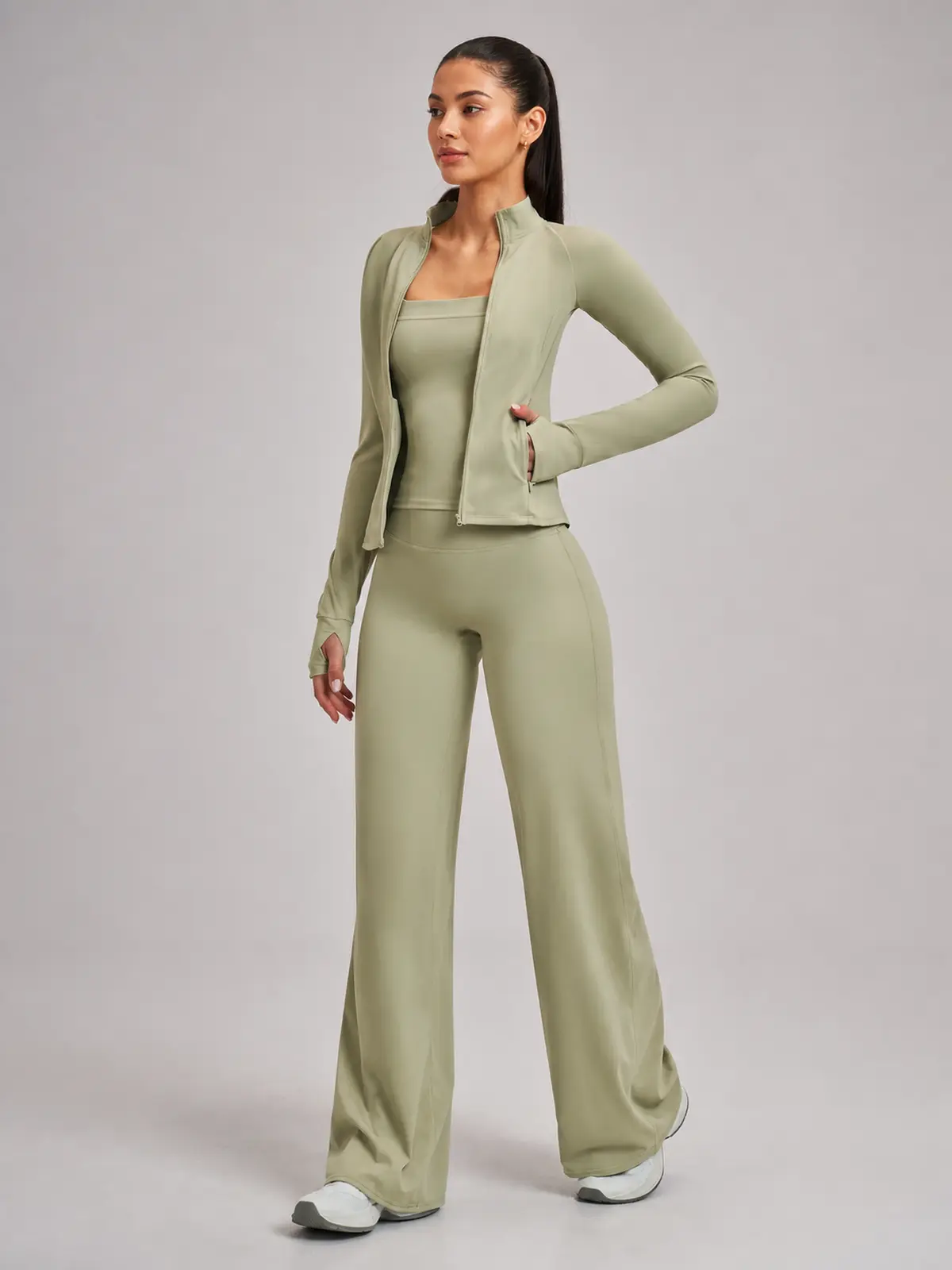 Cypress Atelier Zip-Front Jacket, Square-Neck Tank Top and Wide-Leg Pants Set — moss green — general — authoritative variation match