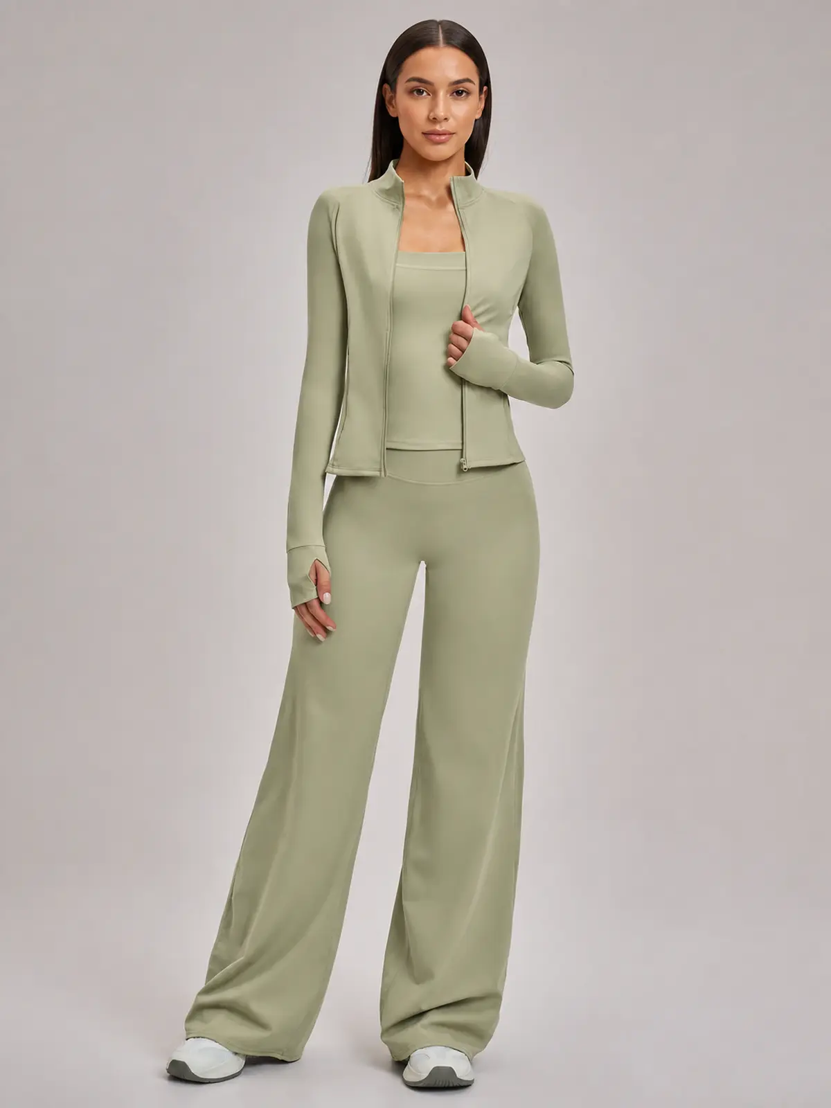 Cypress Atelier Zip-Front Jacket, Square-Neck Tank Top and Wide-Leg Pants Set — moss green — general — authoritative variation match