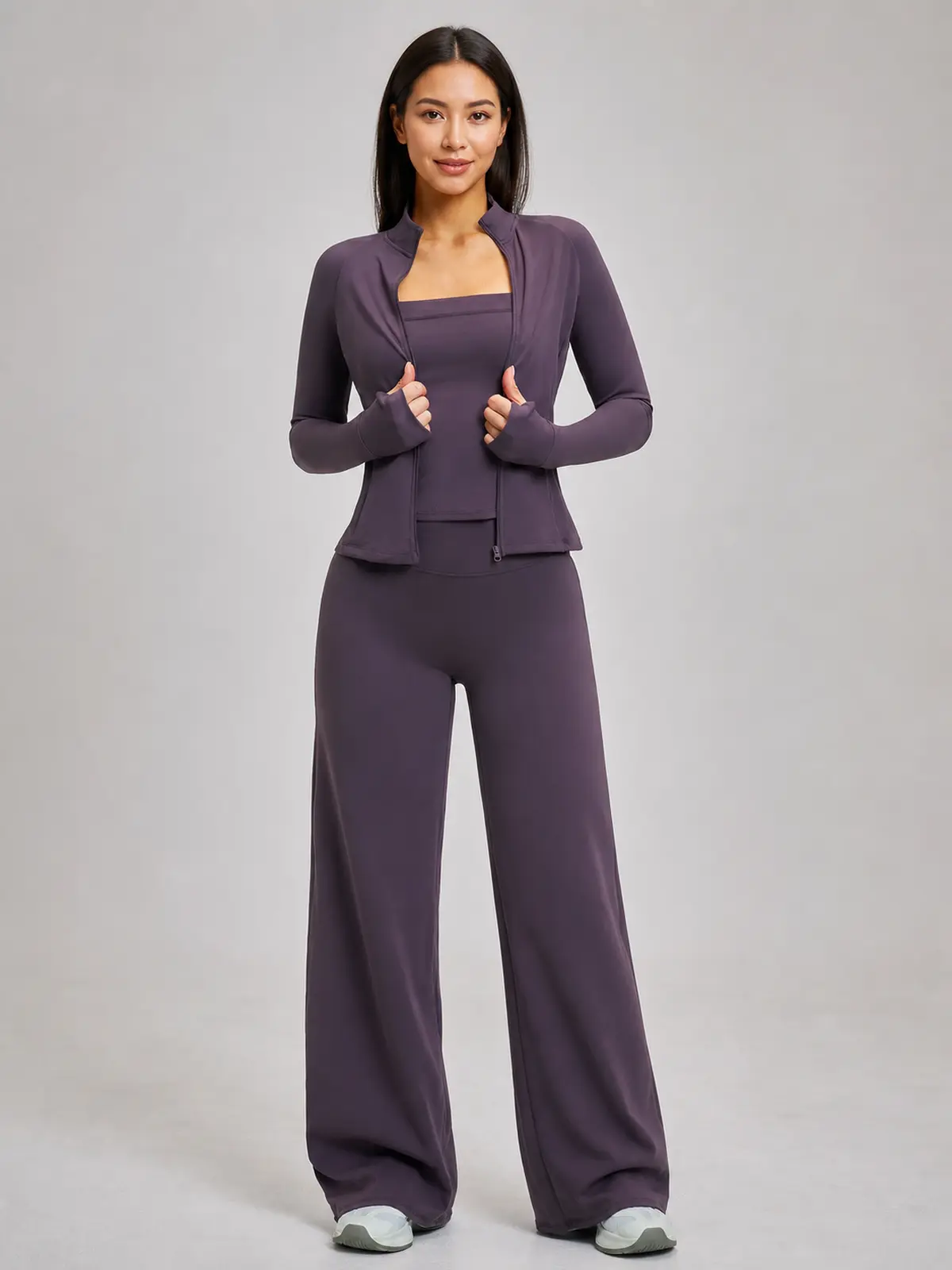 Cypress Atelier Zip-Front Jacket, Square-Neck Tank Top and Wide-Leg Pants Set — muted plum purple — general — authoritative variation match