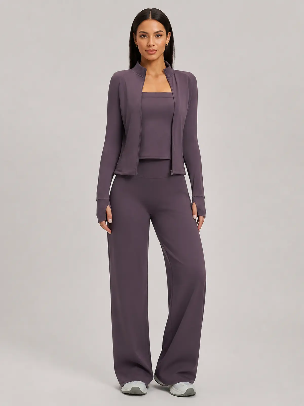 Cypress Atelier Zip-Front Jacket, Square-Neck Tank Top and Wide-Leg Pants Set — muted plum purple — general — authoritative variation match