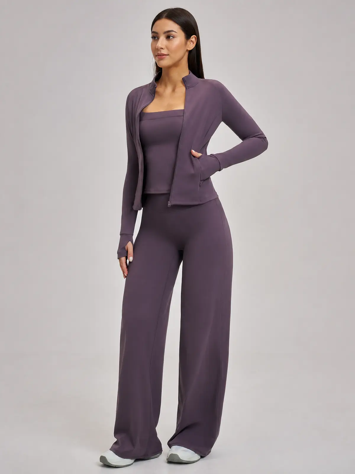 Cypress Atelier Zip-Front Jacket, Square-Neck Tank Top and Wide-Leg Pants Set — muted plum purple — general — authoritative variation match