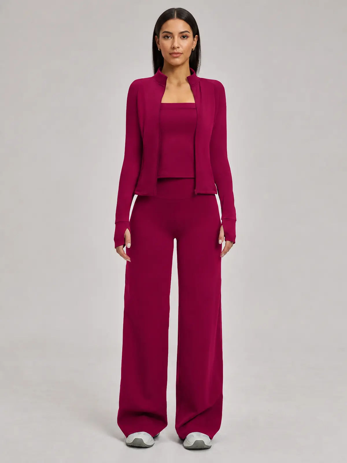 Cypress Atelier Zip-Front Jacket, Square-Neck Tank Top and Wide-Leg Pants Set — raspberry red — general — authoritative variation image