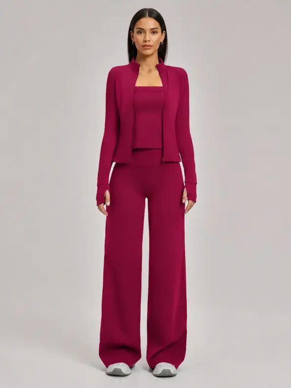 Cypress Atelier Zip-Front Jacket, Square-Neck Tank Top and Wide-Leg Pants Set — raspberry red — general — authoritative variation match