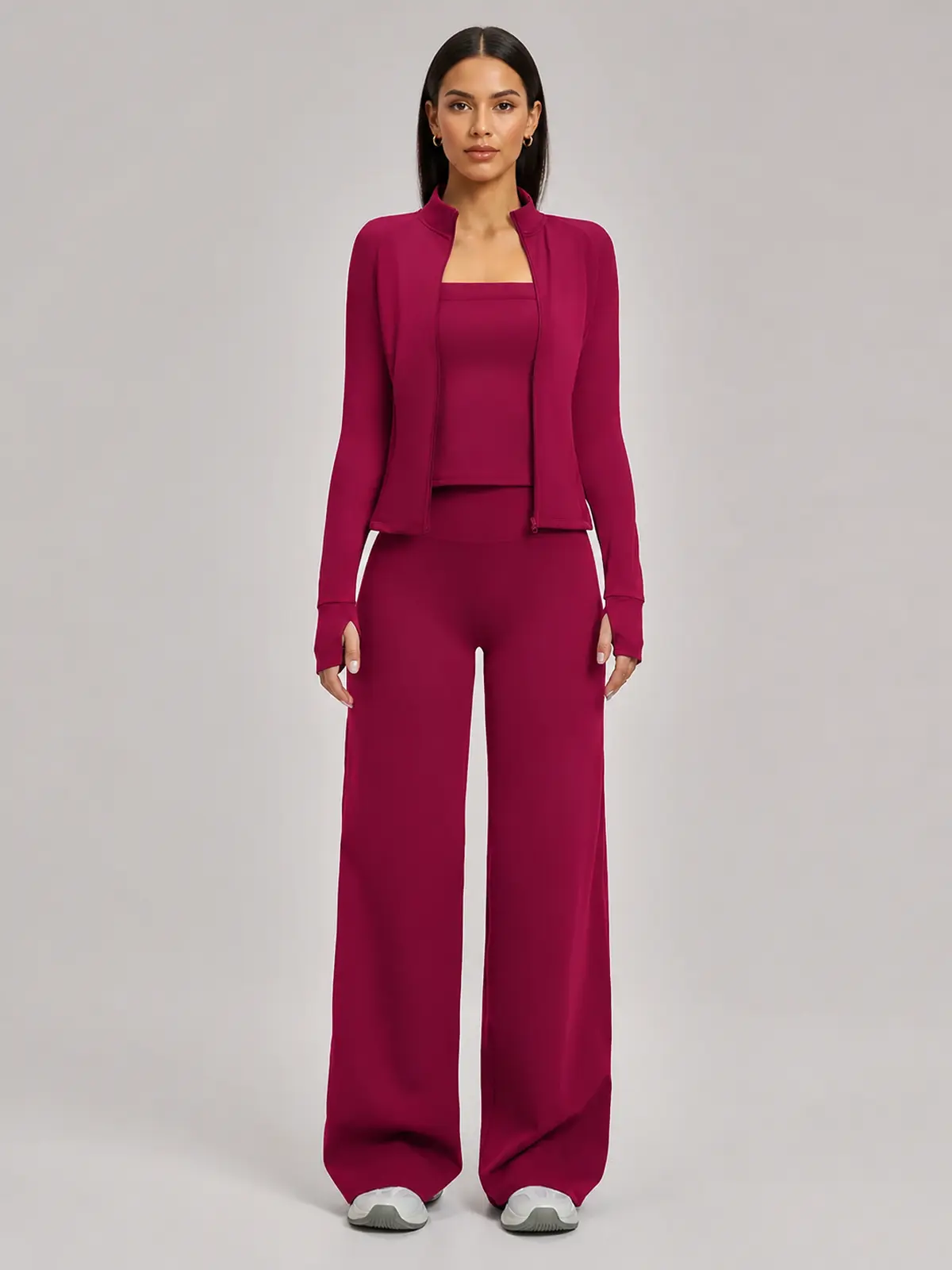 Cypress Atelier Zip-Front Jacket, Square-Neck Tank Top and Wide-Leg Pants Set — raspberry red — general — authoritative variation match