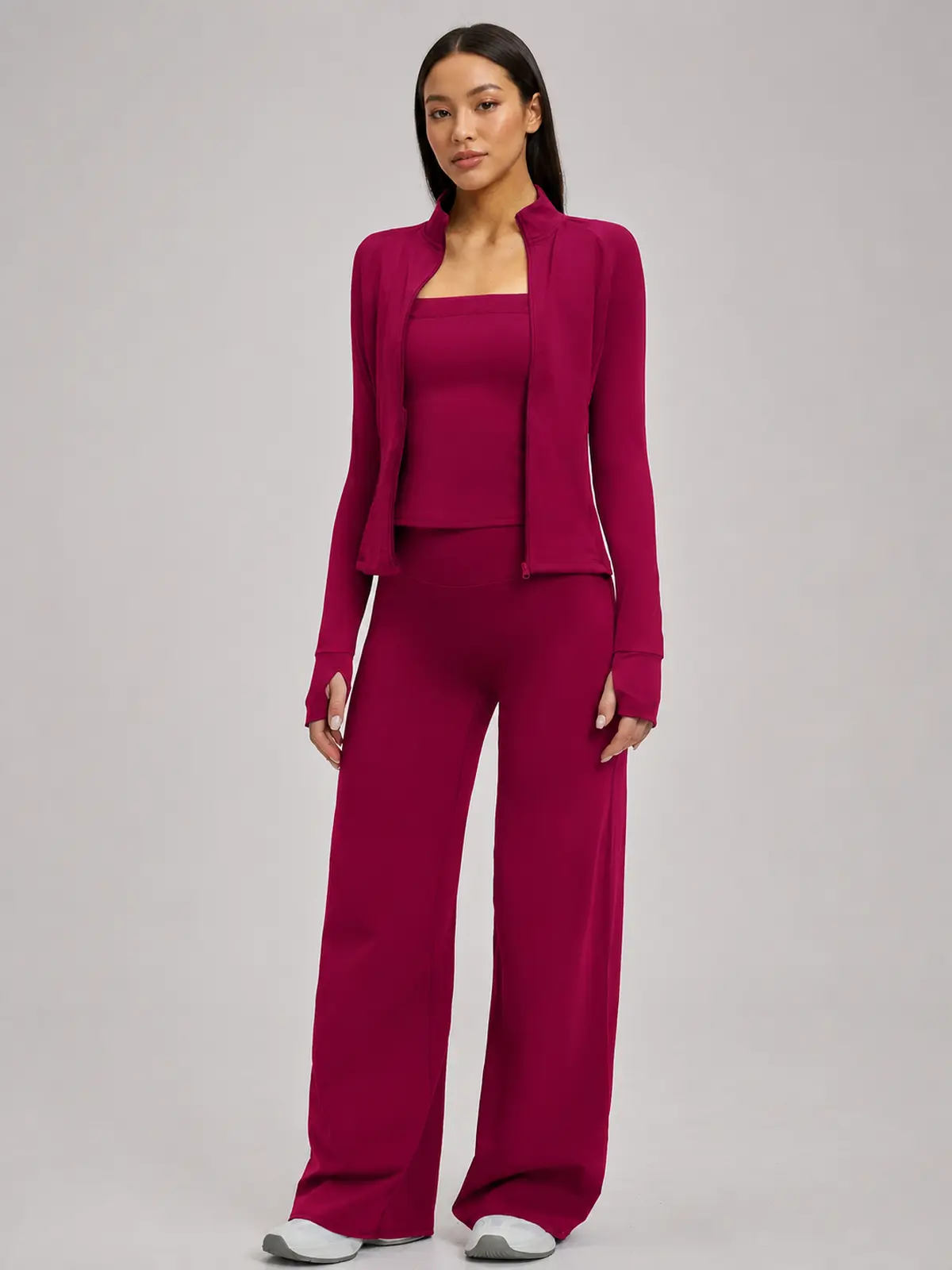 Cypress Atelier Zip-Front Jacket, Square-Neck Tank Top and Wide-Leg Pants Set — raspberry red — general — authoritative variation match