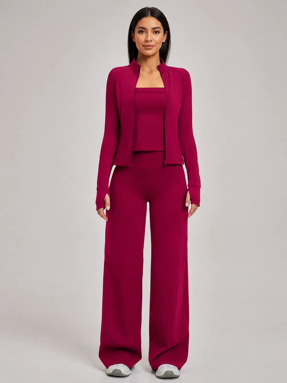 Cypress Atelier Zip-Front Jacket, Square-Neck Tank Top and Wide-Leg Pants Set — raspberry red — general — authoritative variation match