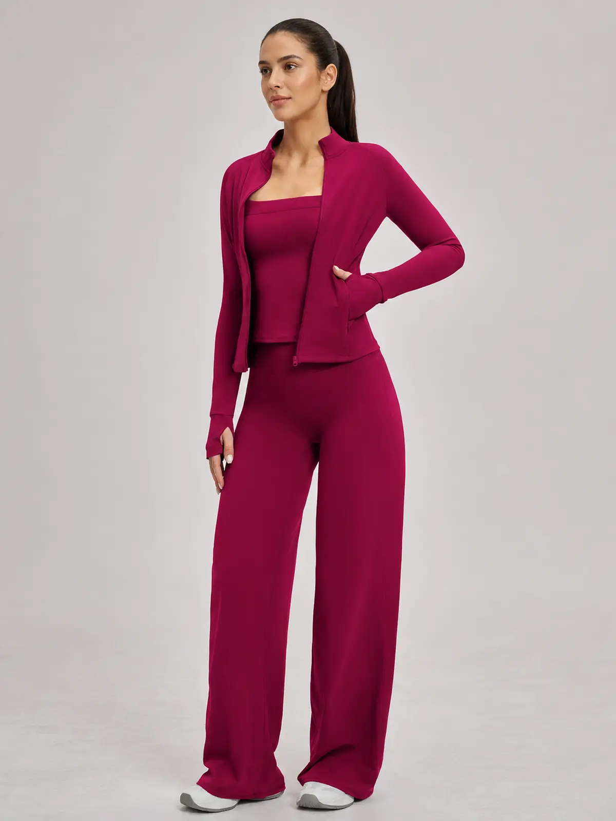 Cypress Atelier Zip-Front Jacket, Square-Neck Tank Top and Wide-Leg Pants Set — raspberry red — general — authoritative variation match