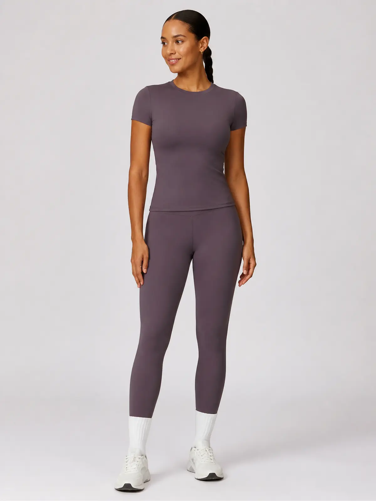 Cypress Verse Short-Sleeve Crew-Neck Yoga T-Shirt — aubergine purple — general — authoritative variation match